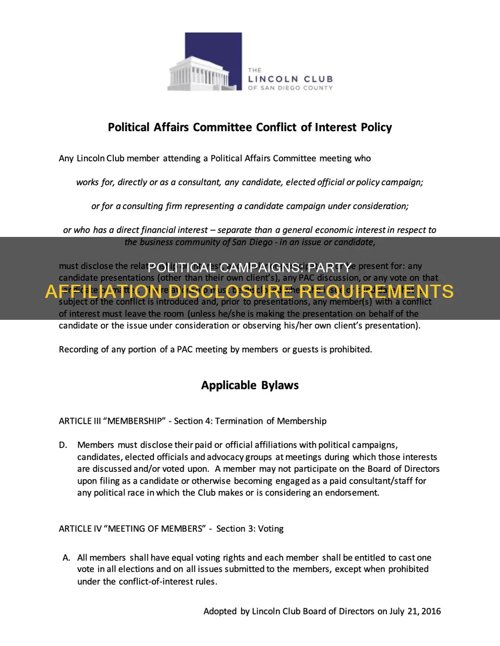 are political campaigns require to disclose party affiliation
