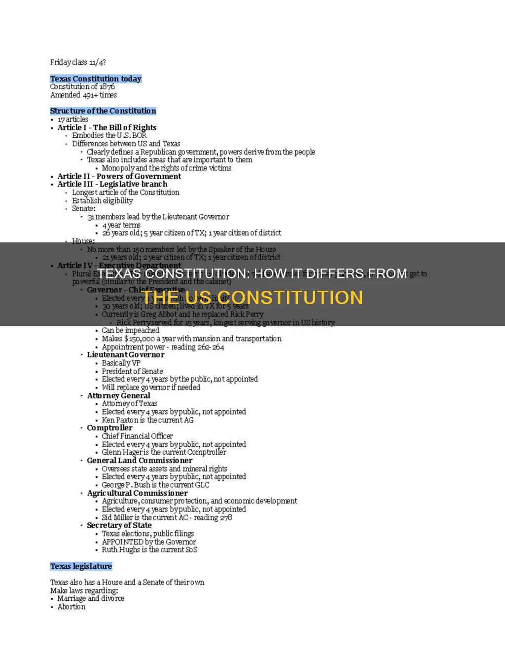 how are the texas constitution and the us constitution different