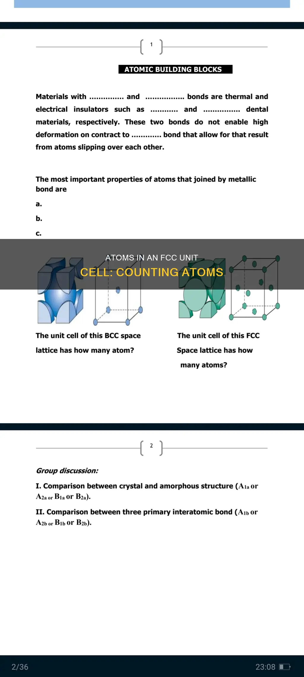 how many atoms constitute one unit cell of fcc