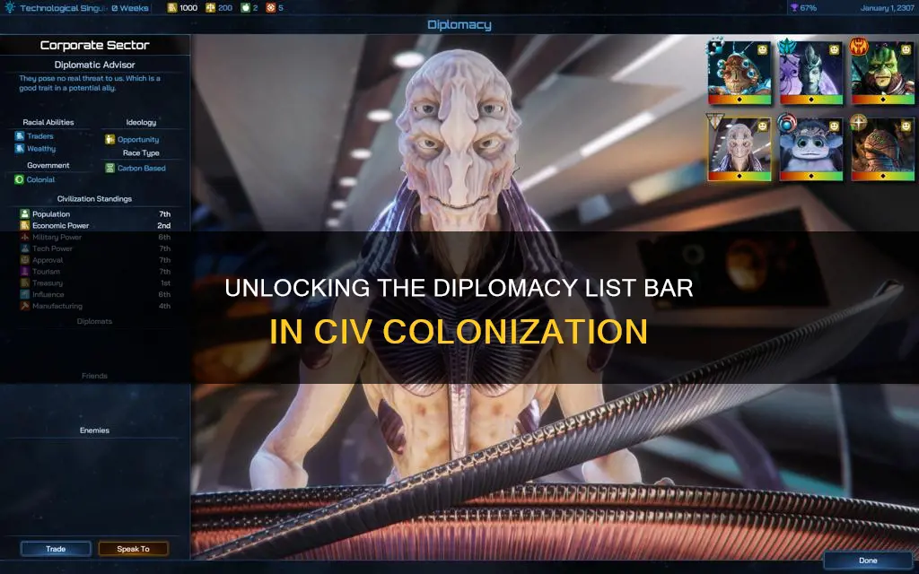 how to get diplomacy list bar on civ colonization
