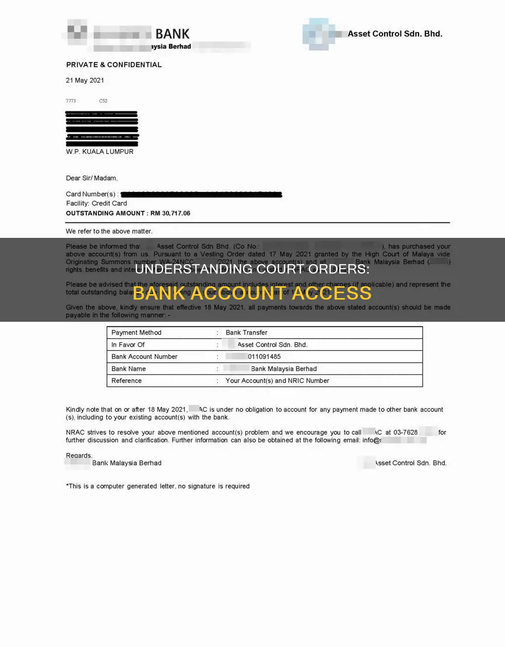 what constitutes a court order on bank account