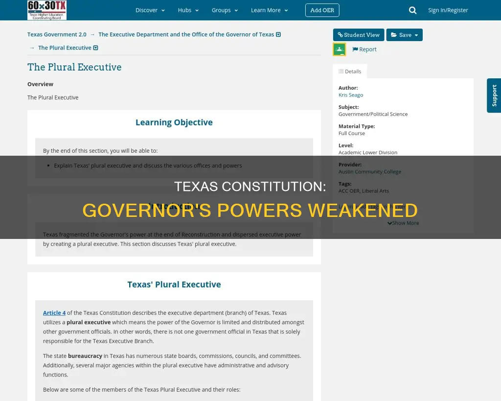 which texas constitution significantly weakened the powers of the governor