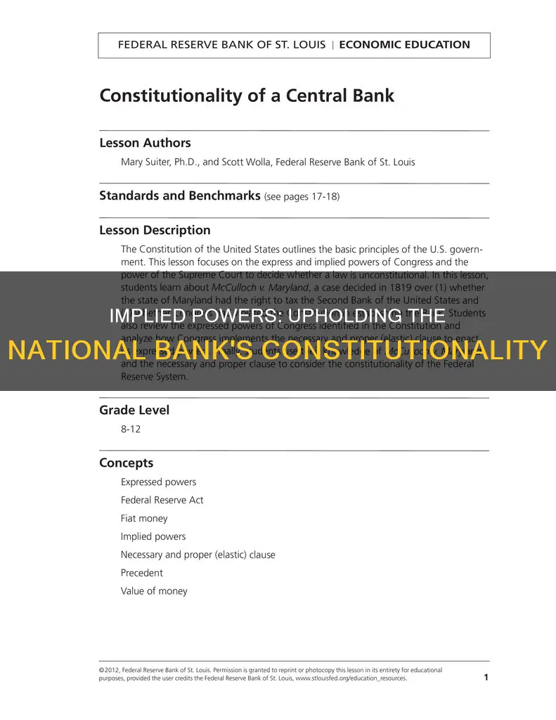 who upheld constitutionality of the national bank by implied powers