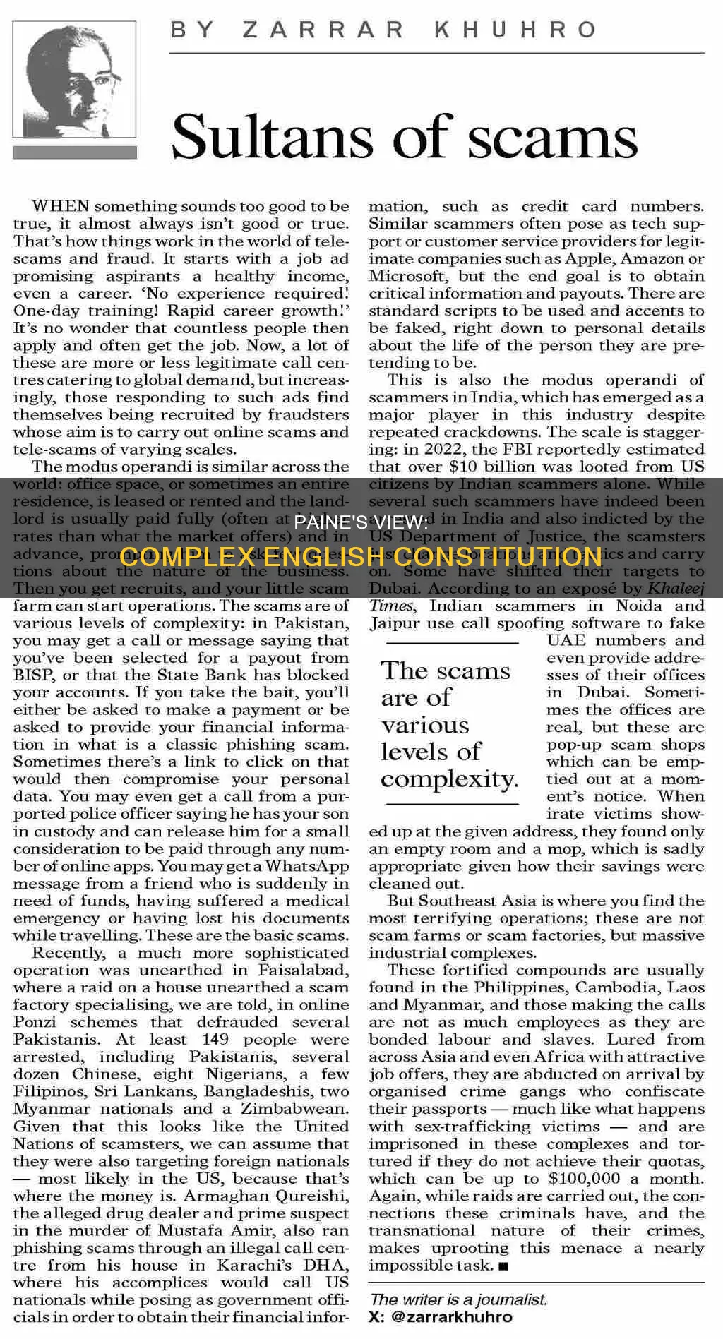 why did paine think the english constitution was so complex